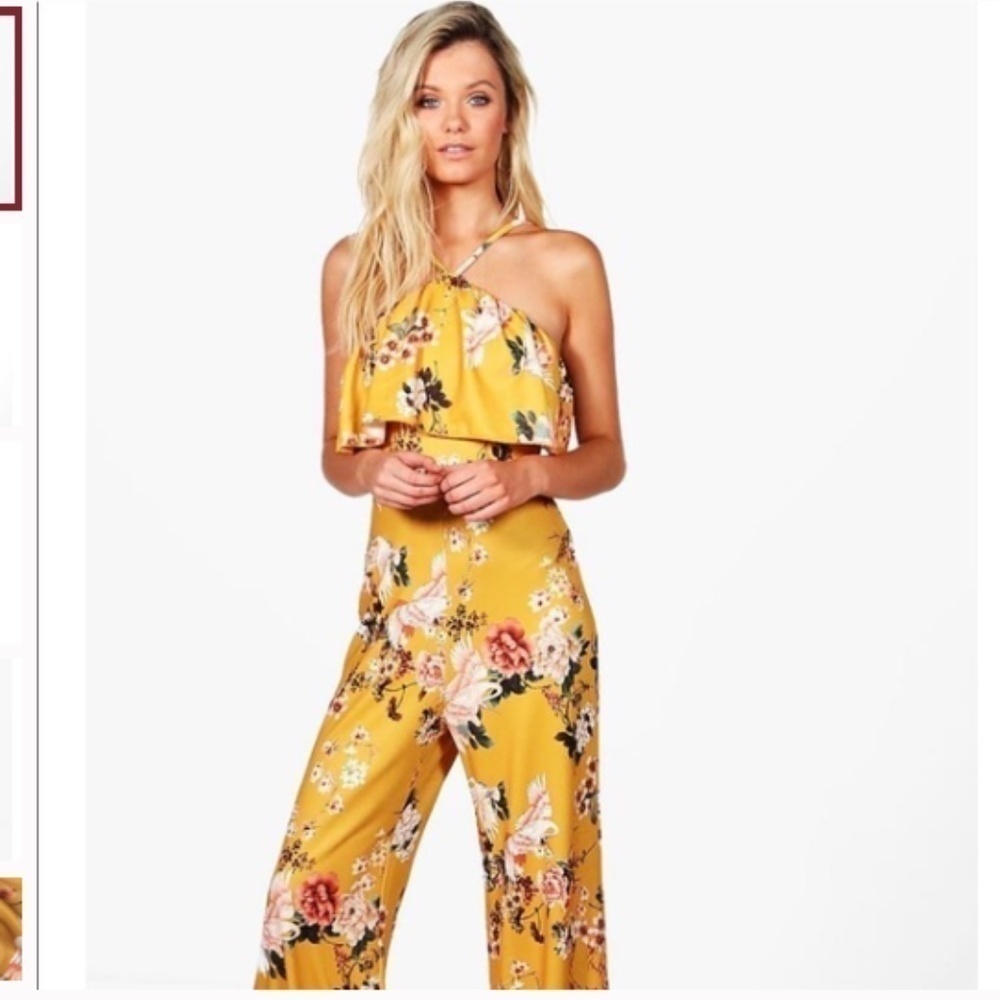 Boohoo floral print yellow jumpsuit Sz 4